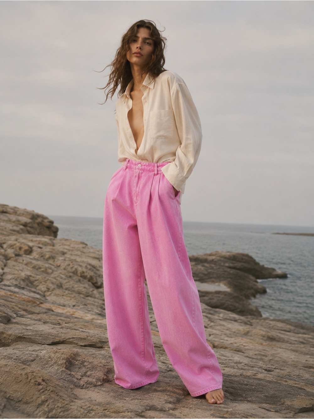 Avec Les Filles Bubblegum Pink High-Rise Wide Leg Jeans